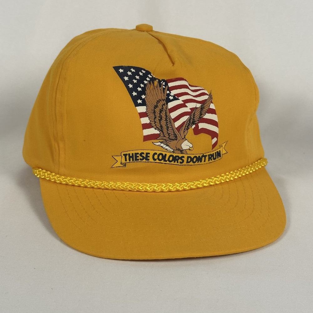 Vintage USA Eagle Rope Snapback Hat Yellow Patriotic These Colors Dont Run Cap